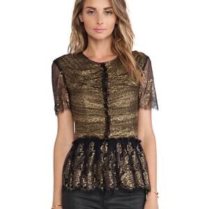 Marchesa Voyage Metallic Lace Peplum Blouse Black Gold Sheer Sleeves Party Top 8